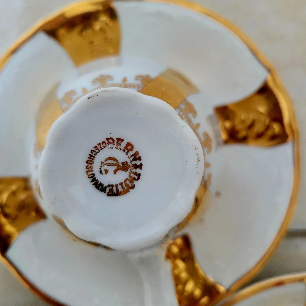 Vintage Bernadotte Gilded Set of 3 tea cups 2 soucer plates and one candy dish